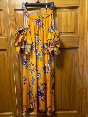 Rare Editions Mustard Yellow Floral Cold-Shoulder Dress
